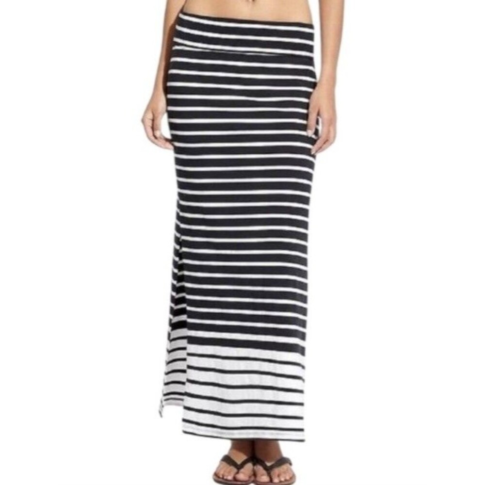 Athleta Womens L Seaside Maxi Skirt Blue White Stripe Tencel Stretch